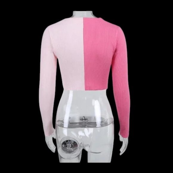 NWT Boofeenaa Patchwork Knit Button Front Crop Top Two Tone Pink - Picture 3 of 3